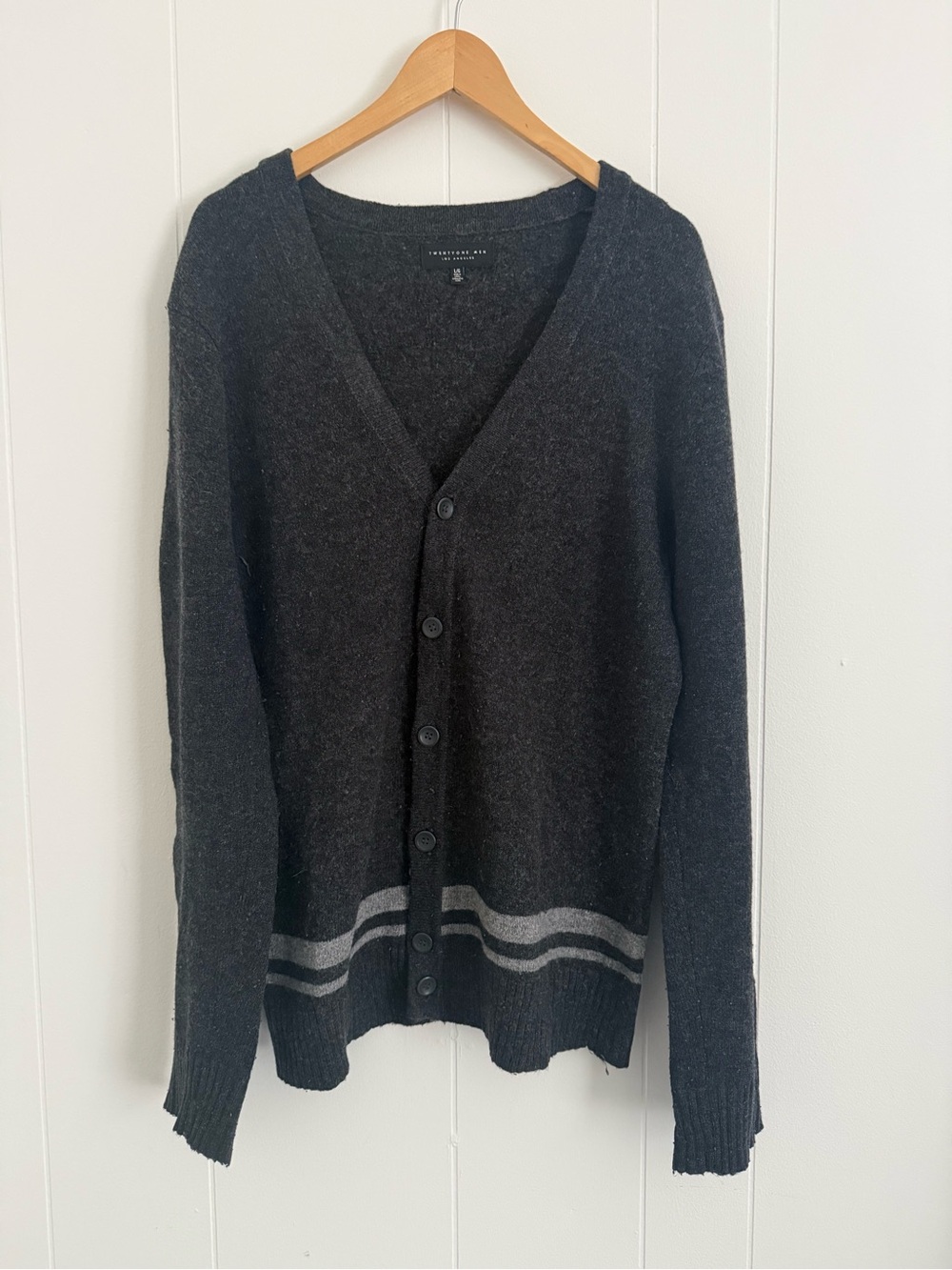 Forever 21 Dark Charcoal V-Neck Button Cardigan with Gray Stripes